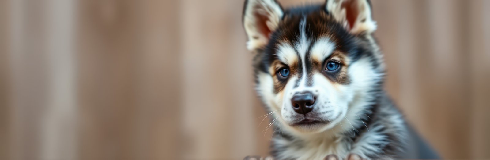 Cute husky puppy with striking blue eyes sitting on a neutral background during a sunny day
